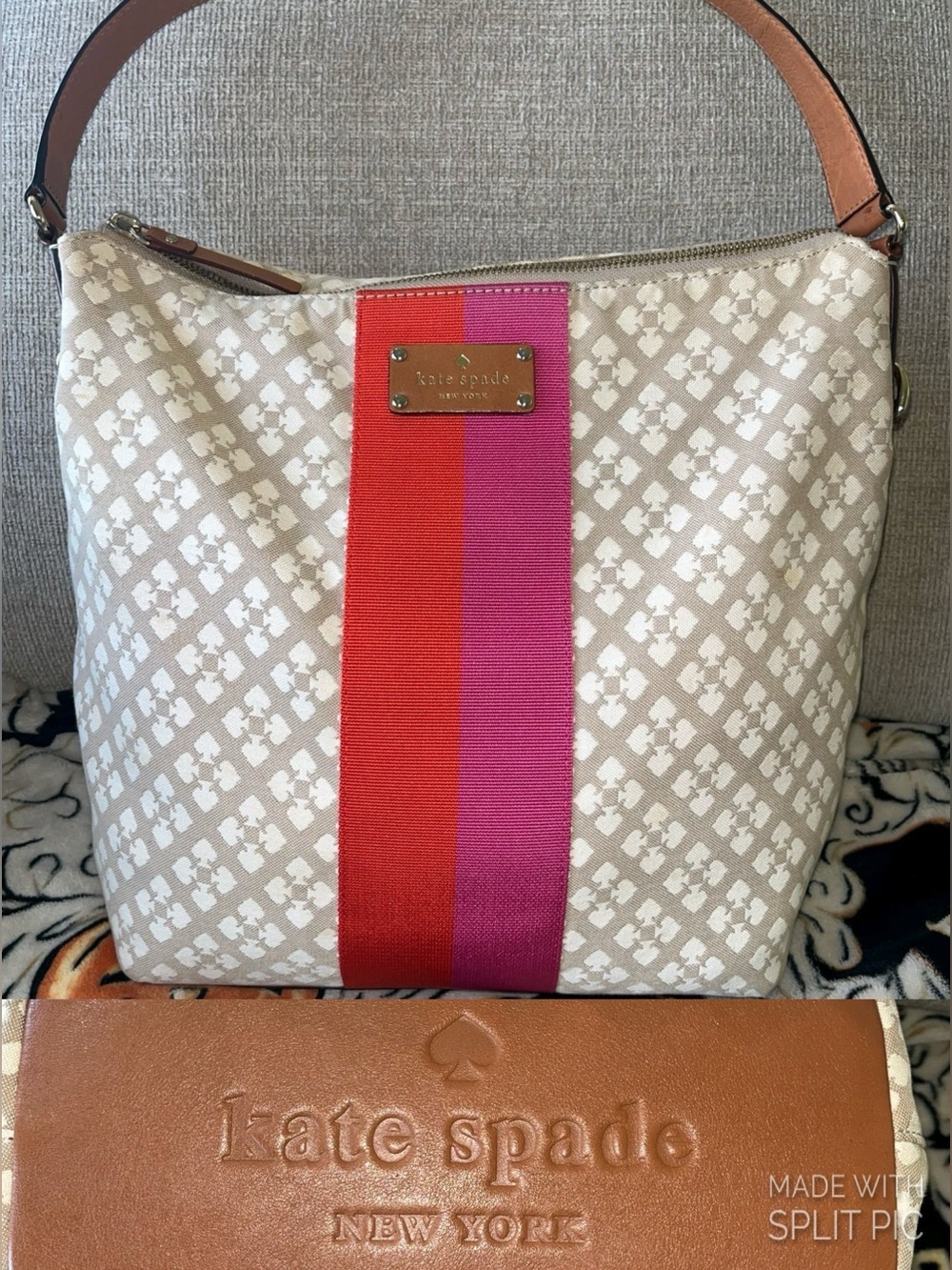 kate spade Classic Spade Mona XL Hobo Bag Stucco Canvas & Leather Branded Bottom